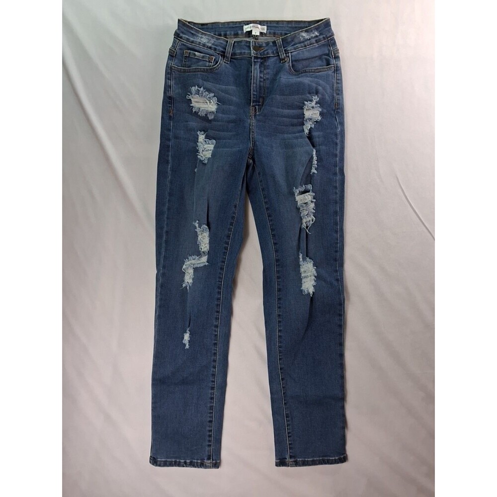 Abela Story + Co Jeans Juniors 7 Blue Distressed Straight Stretch Denim Mid Rise